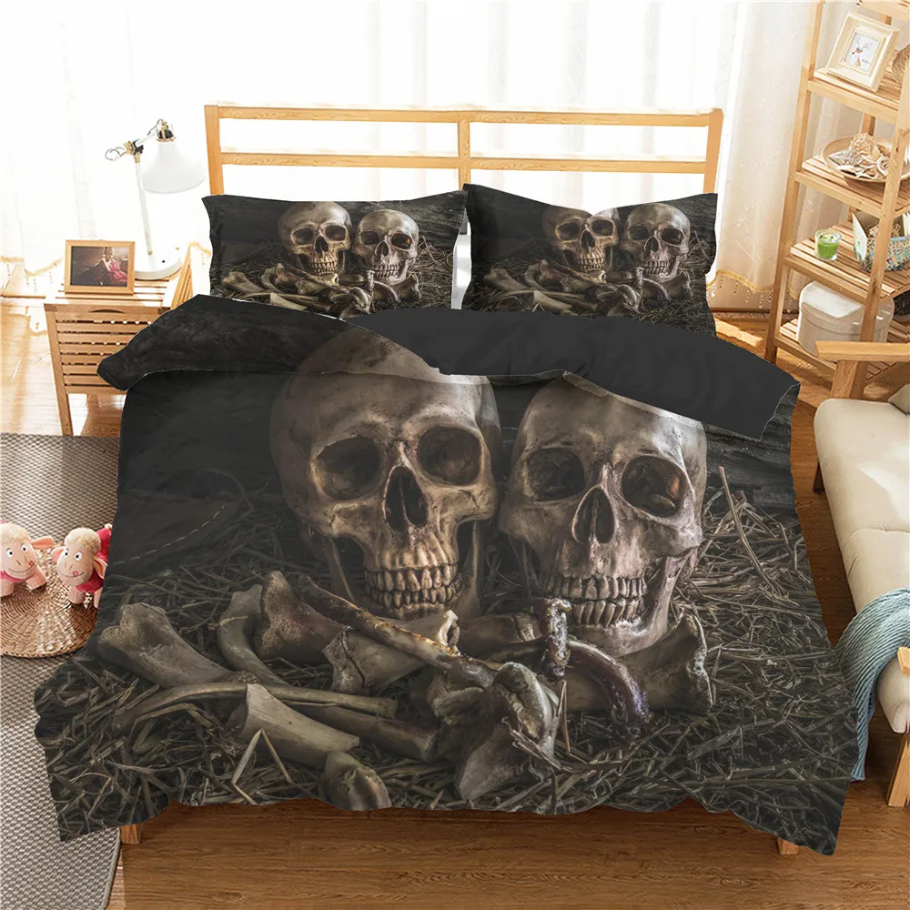Double Bedding Set Bedroom Clothes 3d Skull Terror Printed Duvet