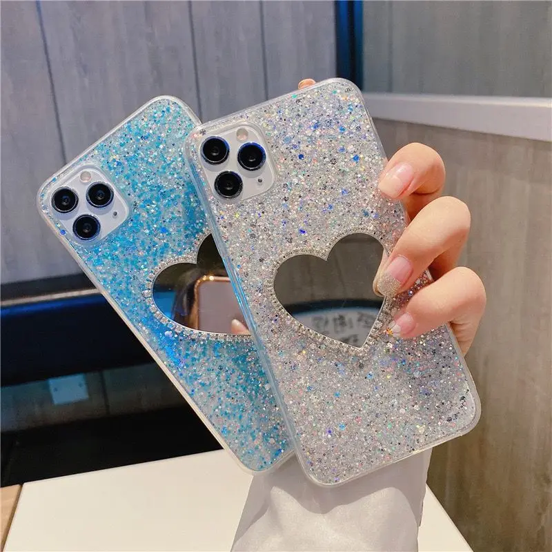 Mode Glitter Pailletten Spiegel Telefon Fall Für iphone 12 Pro Max Klare Abdeckung Für iphone 7 Plus 8 6 6s X XS Max XR 11 Fonds_voghion.com
