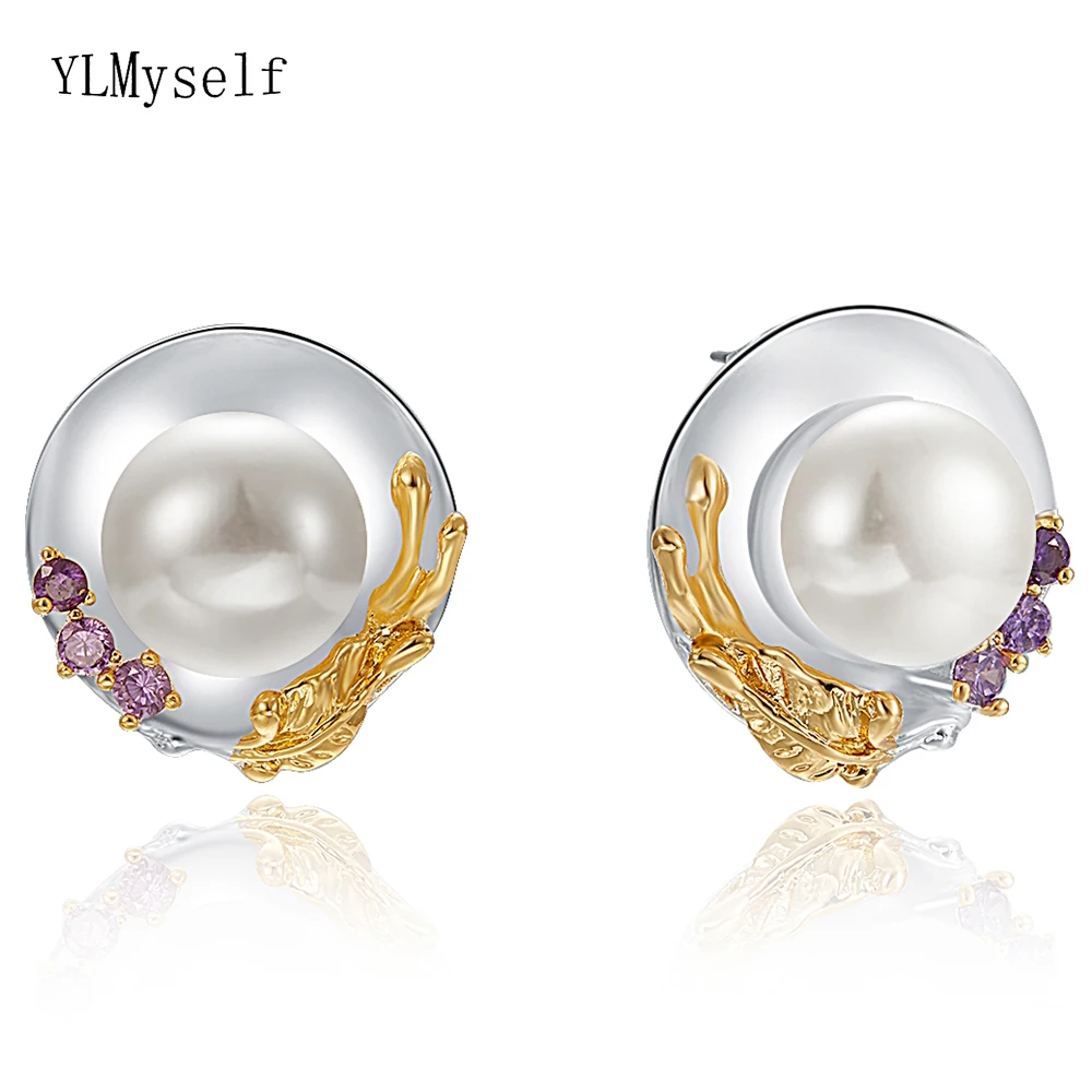 Pretty Elegant 2 Tone color Large Stud Earrings Jewellery Pearl Jewelry Big Gold color Leaf earring for Women