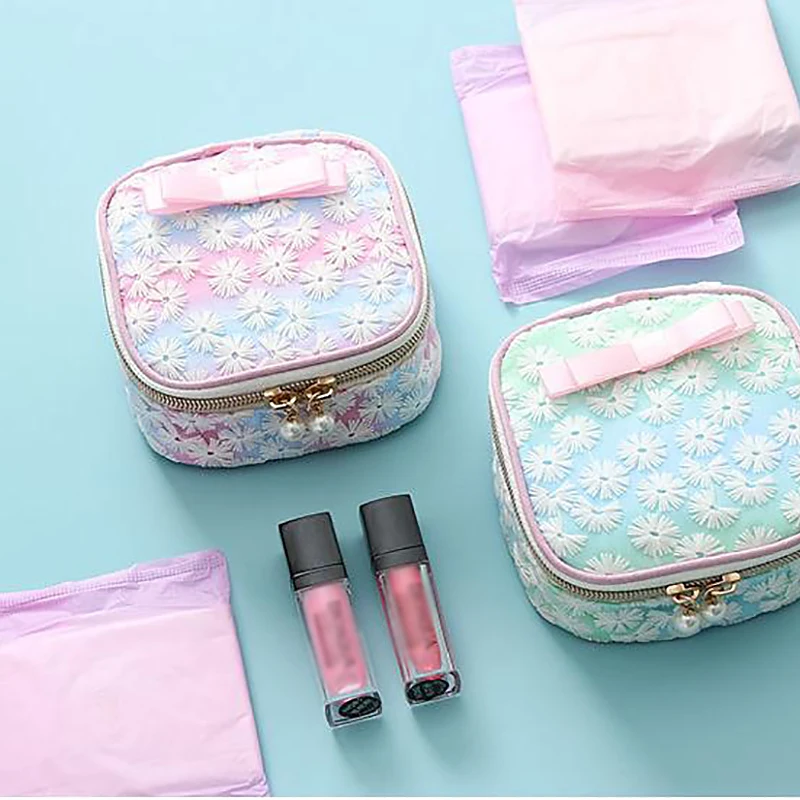 

Double Zipper Sanitary Napkin Bag Cosmetics Sanitary Napkin Storage Bag With Mesh Pocket Gradient Color Fashion Storage Bags