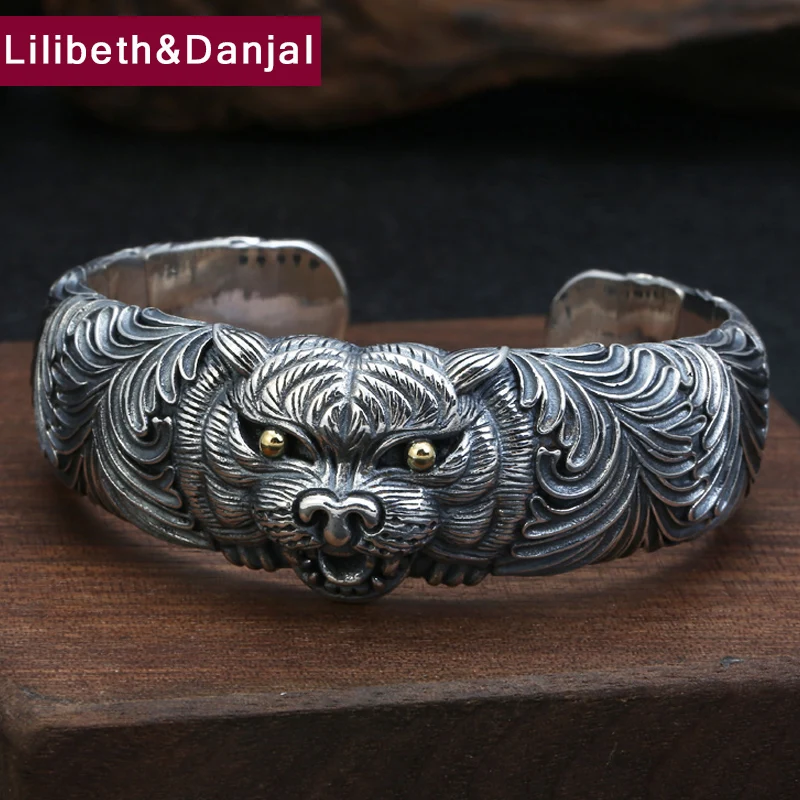 

Men Bangle 100% 925 sterling silver Vintage Domineering Tiger head Opening bracelet bangle luxury Brand indian jewelry 2019 B05