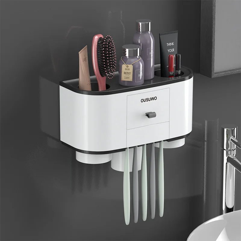 A-Three cups Black Держатель для зубной щетки Автоматический Дозатор для зубной пасты для хранения ванной стеллаж монтируемый на стену аксессуары для ванной комнаты Набор - Цвет: A-Three cups Black