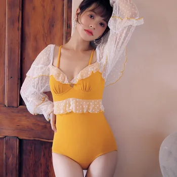 

Swimsuits Closed Lady Beach Bikini One Piece Women Swimsuit 2019 Bathing Suit Woman Sexy Push Ups Yellow Dot Polyester Sierra