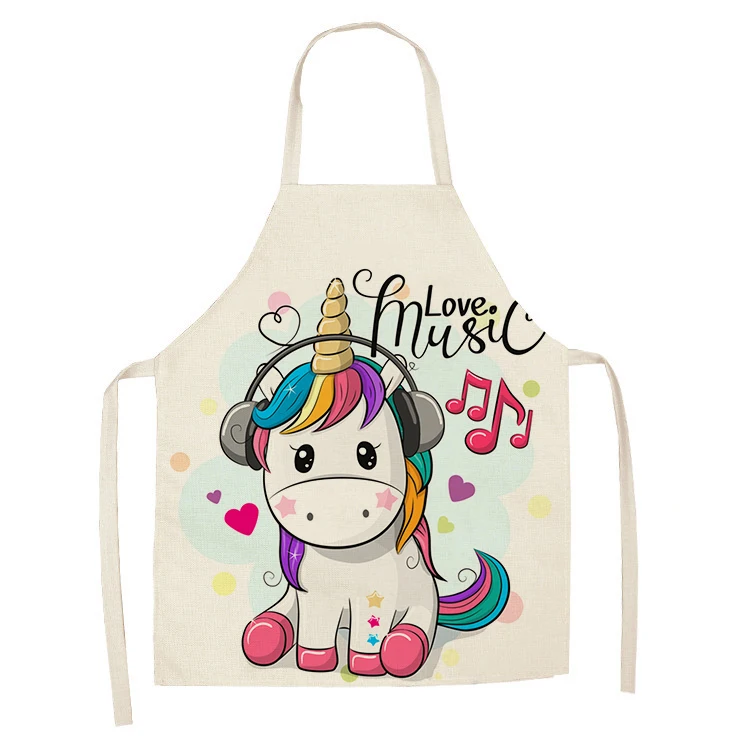 1Pcs Kitchen Apron Cartoon Unicorn Music Printed Sleeveless Cotton Linen Aprons for Men Women Home Cleaning Tools WQTF01
