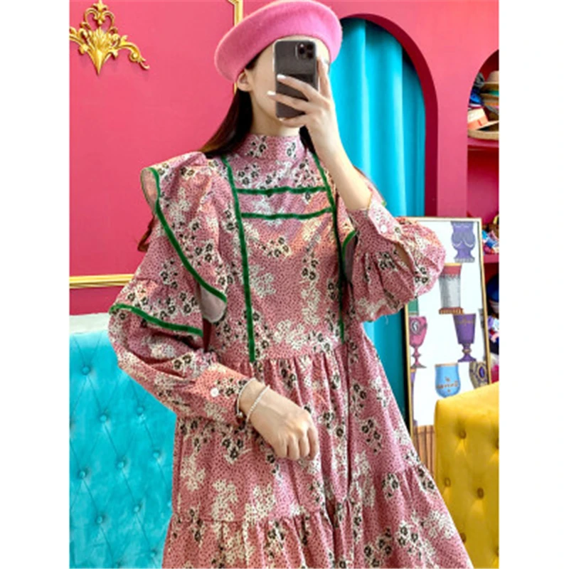 

Women Long Loose Dress French Retro Palace Style Half High Collar Casual Ruffled Floral Print Patchwork Oversize Dresses