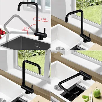 

304 Stainless Steel Matte Black Open The Window Inward Kitchen Sink Folding Faucet 360 ° Rotation Hot And Cold Water Mixer Tap