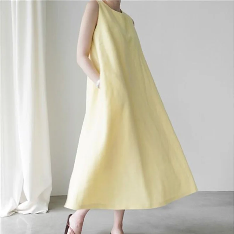 

2020 Summer Pacthwork Dress Women Sleeveless Sundress Vintage Cotton Linen Vestido Robe Femme Party Loose Dresses CL337