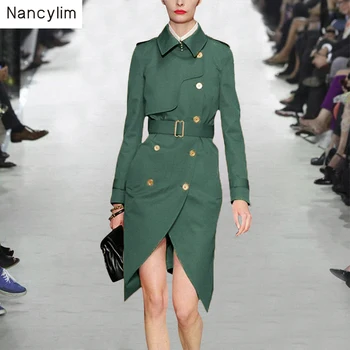 

2019 European and American Metal Buttons Fashion Temperament Epaulet Coat Slim Simple OL Long Windbreaker Lady Trench Coats