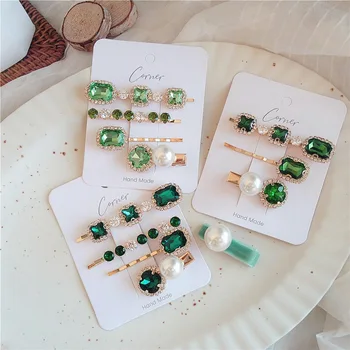 

Green Hairpin Light Luxury Rhinestone Pearl Bangs Clip Female One-character clip Hair Accessories hairgrip diamond Headdress