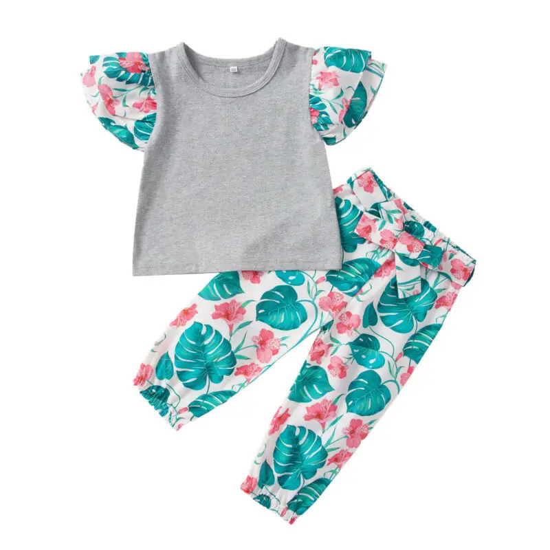

Summer Floral Tracksuit 2pcs Set For Toddler Kid Baby Girl Clothes Ruffle Short Sleeve T-shirt Pants Outfit For 0 to 5 years old