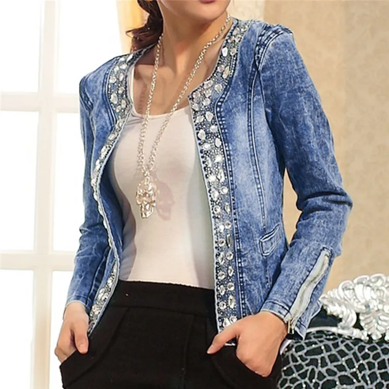 

Women Denim Rhinestone Sequins Long Sleeve Denim Coat Slim Casual Jacket Outwear Jeans Overcoat Retro Short Jacket Dropship N11