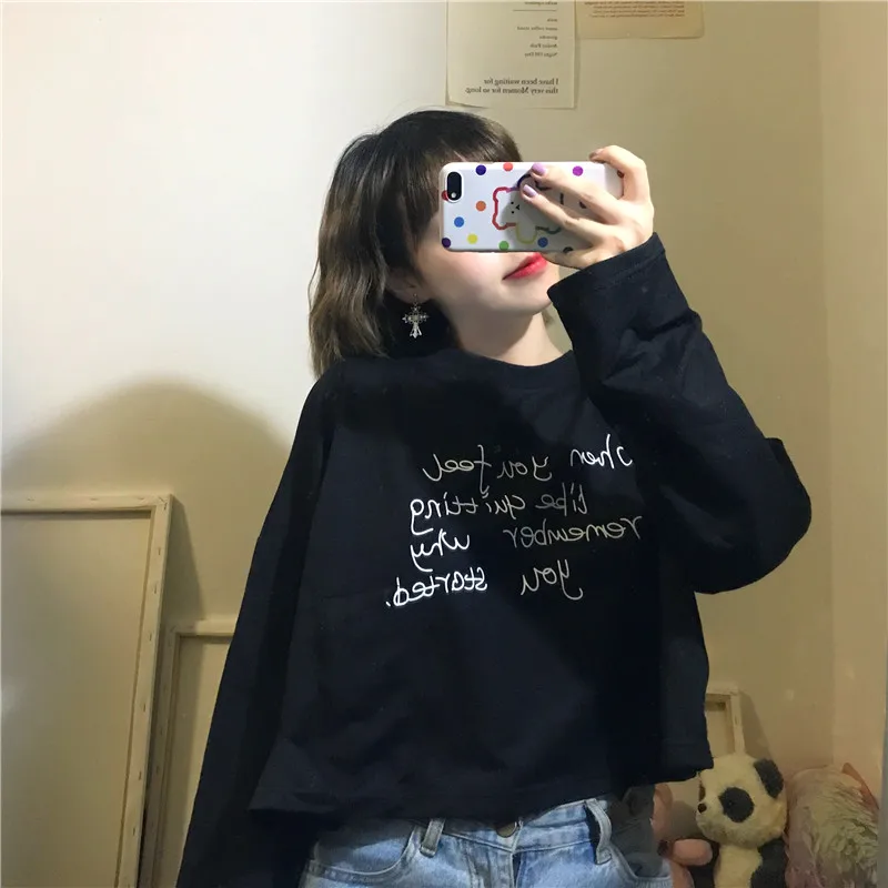Ins корейский Готический Ulzzang Топ harajuku с буквенным принтом Прямая поставка Панк Винтаж веганская одежда футболка хип хоп с длинным рукавом женская футболка