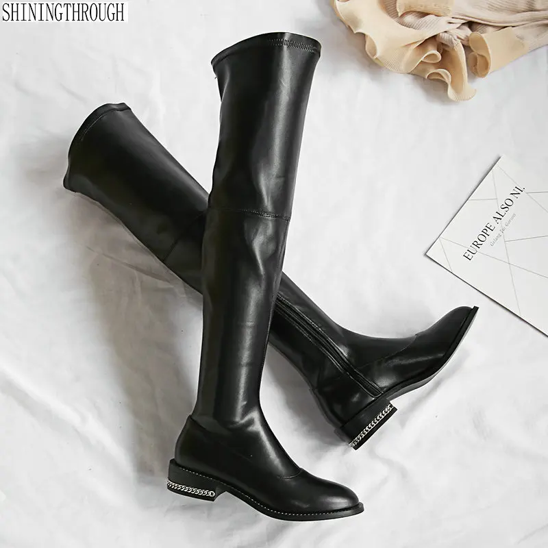 

2019 Boots Women Over The Knee Boots for Women Winter Genuine Leather Low Heel Shoes Woman Black