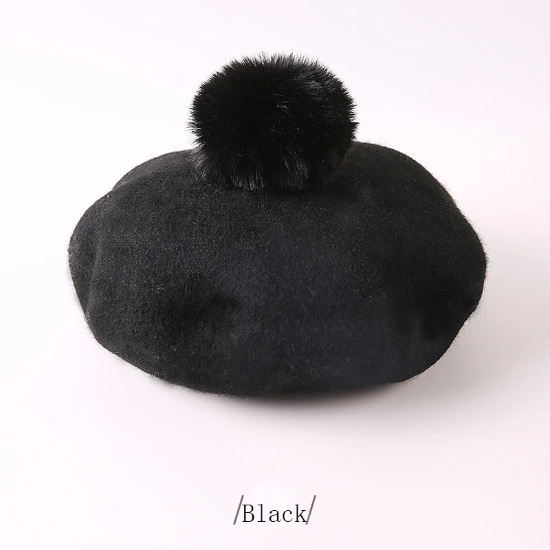Children Pompoms Beret Hat Solid Color Octagonal Cap Girls Winter Wool Painter Hats For 1-3 Years Kids