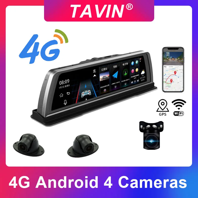 TAVIN 4 камеры автомобиля Dvr 4G Android Dash cam с ADAS WI FI GPS 10 дюймов серсорный Экран 360