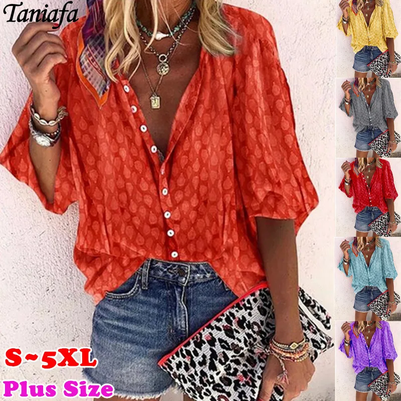 

Taniafa New Fashion Women V Neck Shirts Causal Loose Print Button Blouse Fancy Tops Large Size
