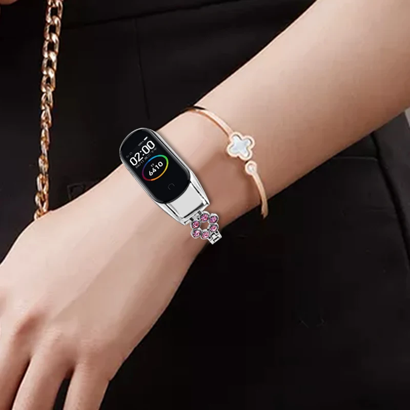 Miband 4 Женские часы-браслет Нержавеющая сталь ремешок на запястье для xiao Mi Band 3 4 с ремешок с бриллиантами Correas De Reloj Mi 4