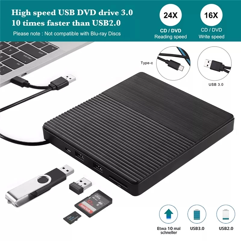 Unidad externa USB 3,0, quemador de CD externo portátil tipo C, reproductor de CD/DVD de alta velocidad, lector de tarjetas TF/SD para Windows Linux|Unidades ópticas|