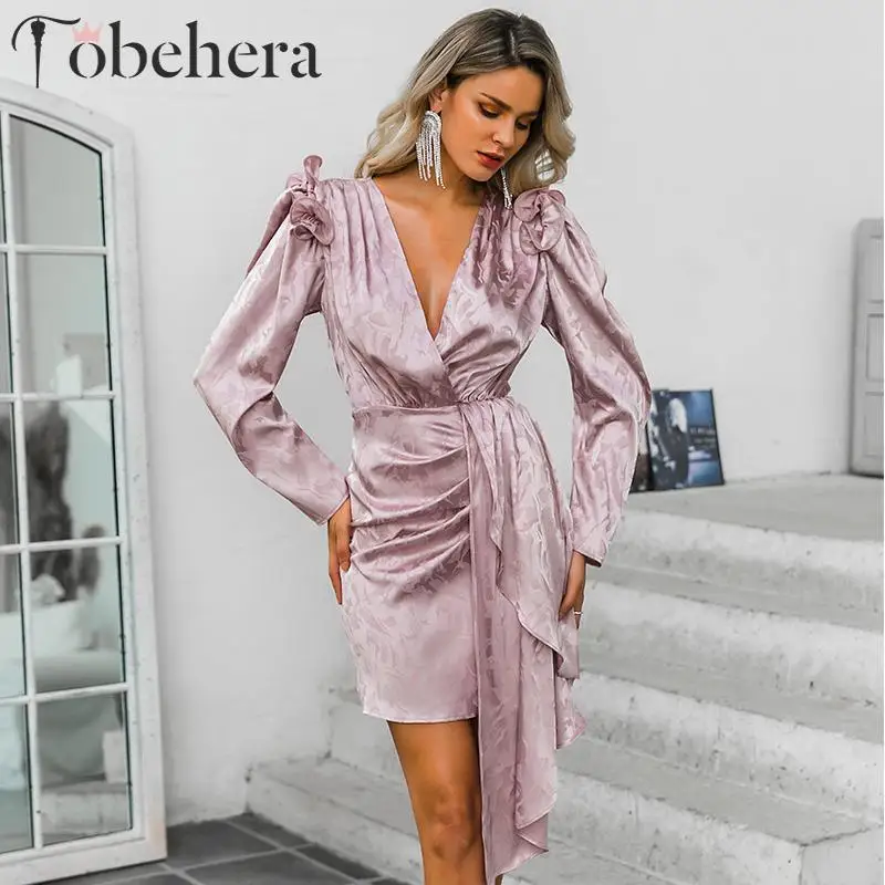 Glamaker жаккардовое элегантное розовое атласное платье пэчворк с рюшами и длинным рукавом Короткое женское платье осень зима v-образный вырез сексуальное платье для вечеринки