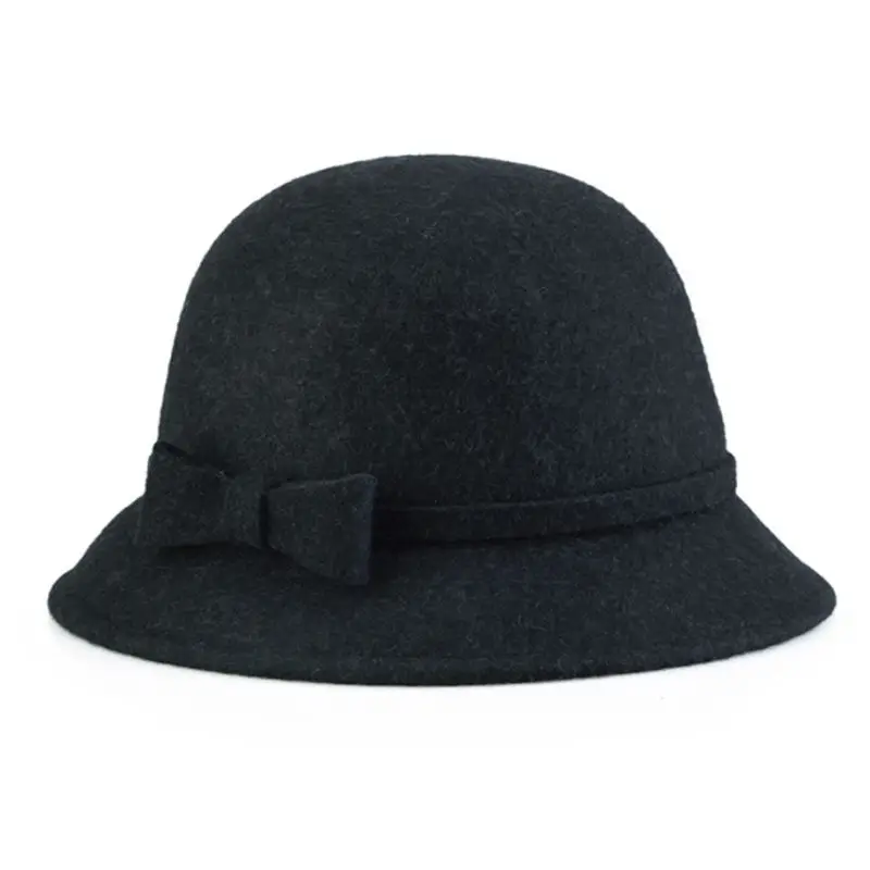 Womens 1920s Vintage Style Faux Wool Cloche Bowler Bucket Hat with Bow Accent