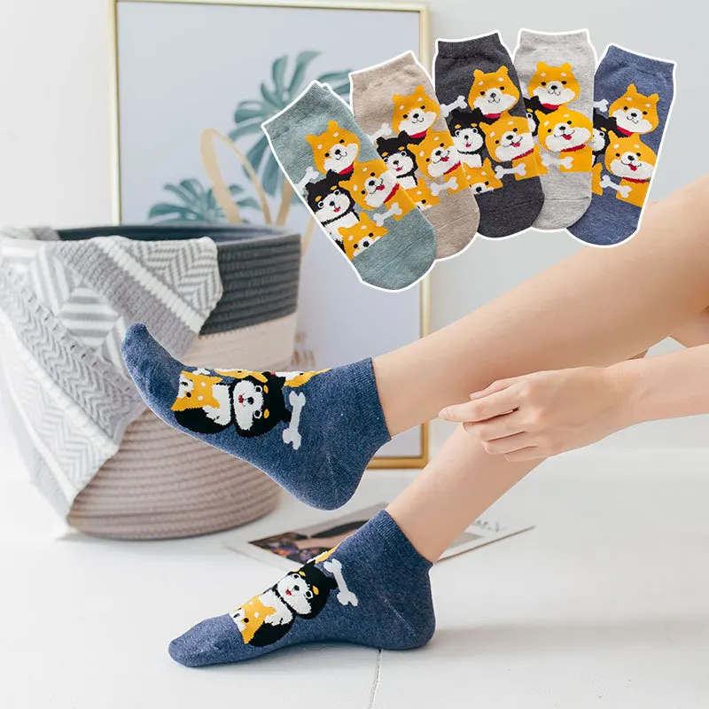5 пар = 10 шт., осенние женские носки с изображением Шиба, 4 собаки, хлопковые забавные носки с рисунками, Harajuku Kawaii, милые носки, сохраняющие тепло, Симпсон