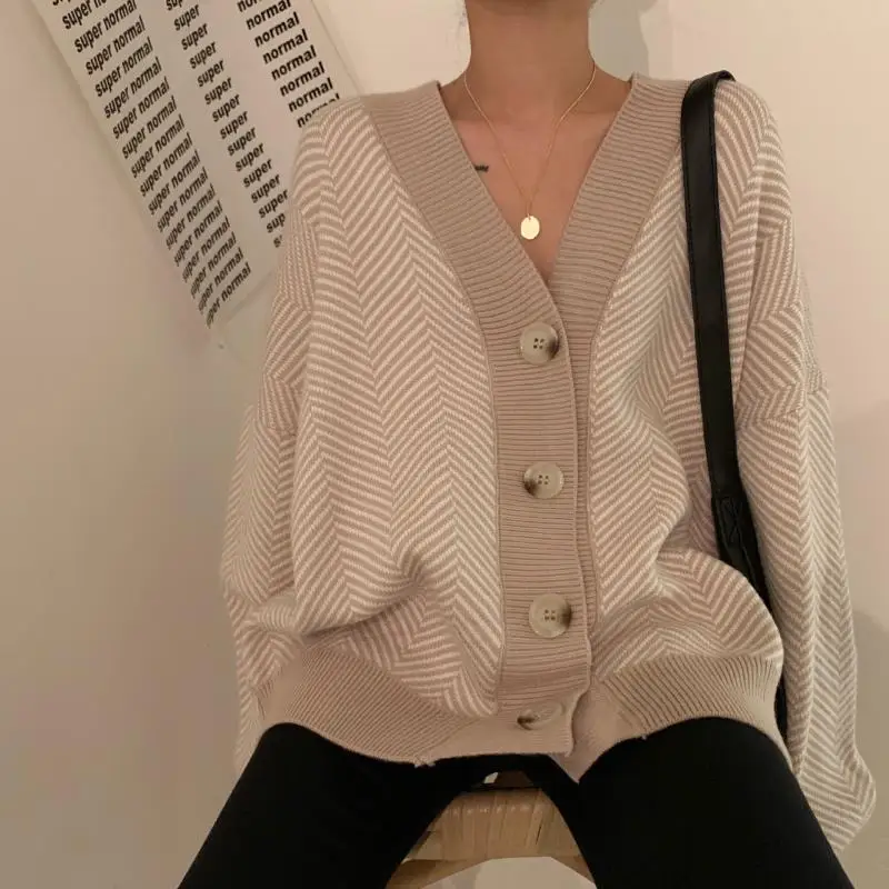

2021 Autumn Striped Knitted Cardigans Sweater Women Vintage Korean Chic Long Sleeve Coat Fashion Streetwear Loose Female Tops