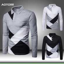 Мужские лоскутные рубашки поло с длинным рукавом новая весенняя модная мужская Однотонная рубашка поло с отложным воротником удобные топы высокого качества