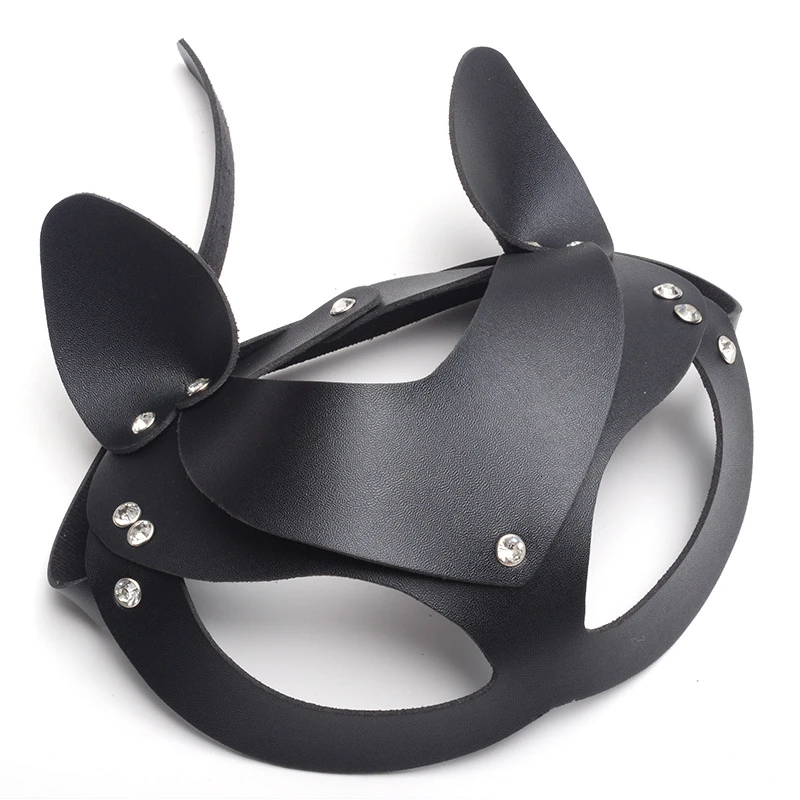 Women Sexy Pu Leather Rivet Upper Half Face Mask Rhinestone Cat Bunny Ear Cosplay Adult Play Game Masquerade Ball Carnival Masks