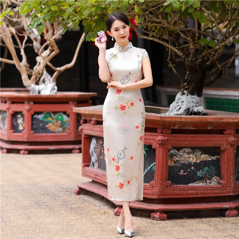 

Novelty Print Flower Elegant Women Satin Qipao Chinese Traditional Mandarin Collar Vintage Cheongsam Sexy Slim Long Vestidos 5XL