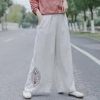 

Plus Size Loose Summr Spring Woman Linen Wide Leg Pant Oversized High Waist Art Embroidery Elegant Loose Cropped Trousers Pants