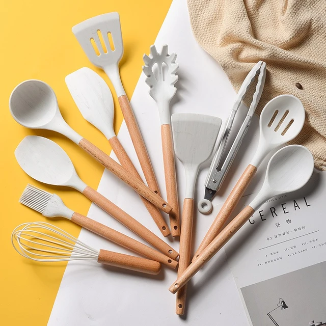 Set Kitchen Utensils Silicone Wooden Handle  Cookware Sets Kitchen Silicone  - Cooking Tool Sets - Aliexpress