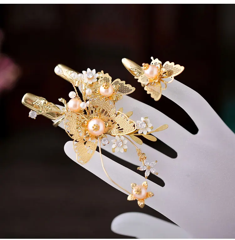 

Alloy-inlaid artificial gemstones Bride New Ancient Finger Sheath Xiuhe Dress Dragon Phoenix Wear Marriage Photo Jewelry Flower