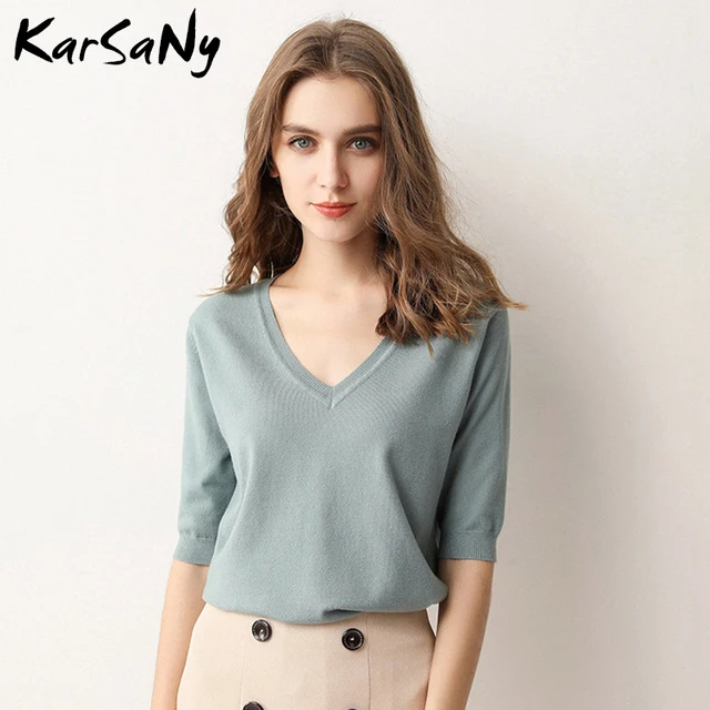KarSany Half Sleeve Knitted Blouse Women Summer 2021 Ladies V-neck Blouses Blouse Knitted Womens Tops And Blouses Plus Size 4