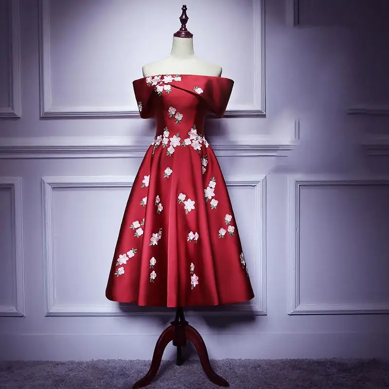 Элегантное женское свадебное платье Cheongsam с открытыми плечами, изысканная аппликация, вышивка, китайское свадебное платье, сексуальное Плиссированное ТРАПЕЦИЕВИДНОЕ ПЛАТЬЕ - Цвет: Burgundy