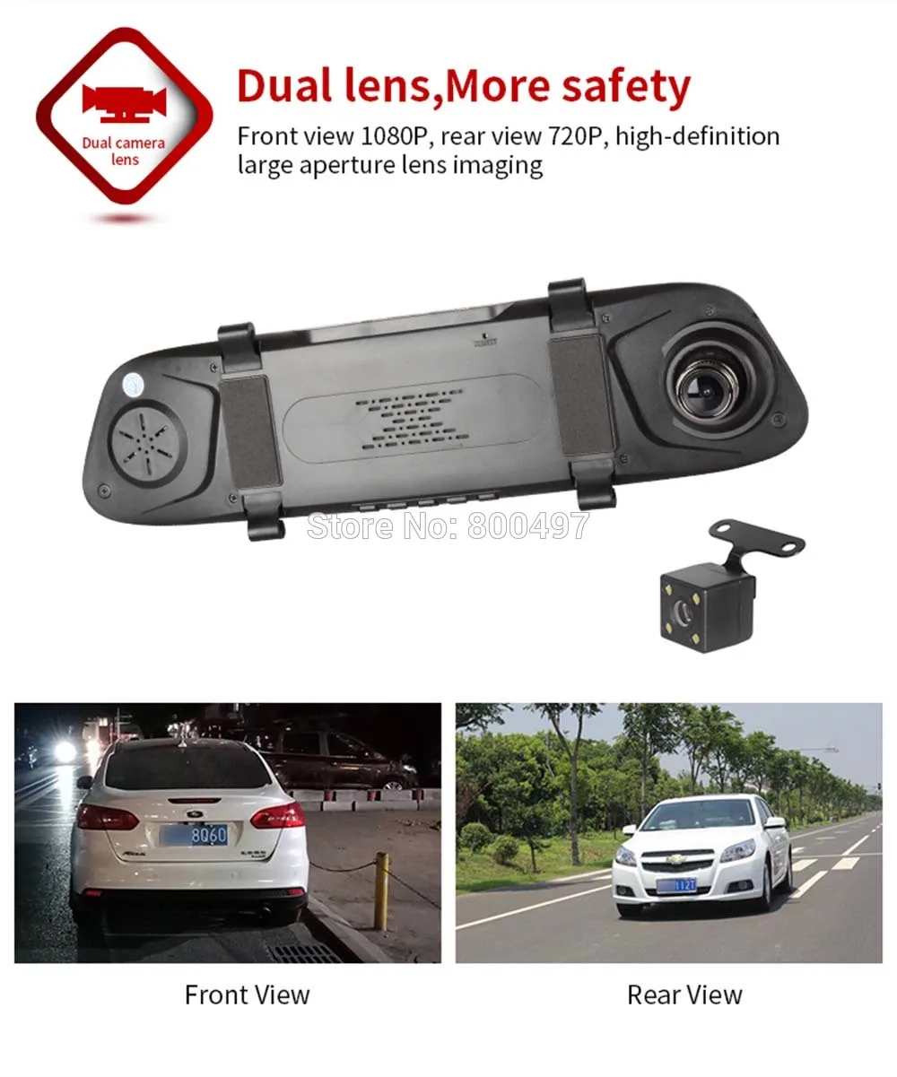 Car DVR HD 1080P 5" Wide Angle IPS Rear View Mirror Camera Video Recorder Dual Lens G-Sensor Parking Motion Detection Dash Cam