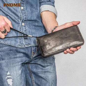 

PNDME handmade vintage genuine leather men's clutch wallet fashion simple natural soft sheepskin women's card holder phone purse