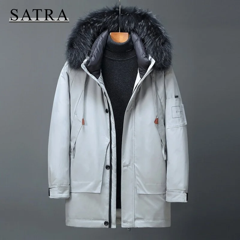 

SATRA 2021 New Arrival Men 90% White Duck Down Hooded Jackets ,Men's Winter Thick Warm Hooded Parka Overcoat Long Down Jackets