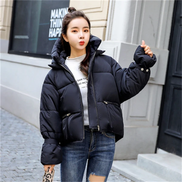 RUGOD/корейское хлопковое пальто, модная короткая стильная Свободная верхняя одежда больших размеров, Женская Повседневная теплая куртка с карманами и капюшоном, Осень-зима - Цвет: Черный