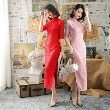 

New Arrival Vintage Print Flower Lace Cheongsam Bride Wedding Dress Gown Mandarin Collar Autumn Sexy Long Elegant Qipao