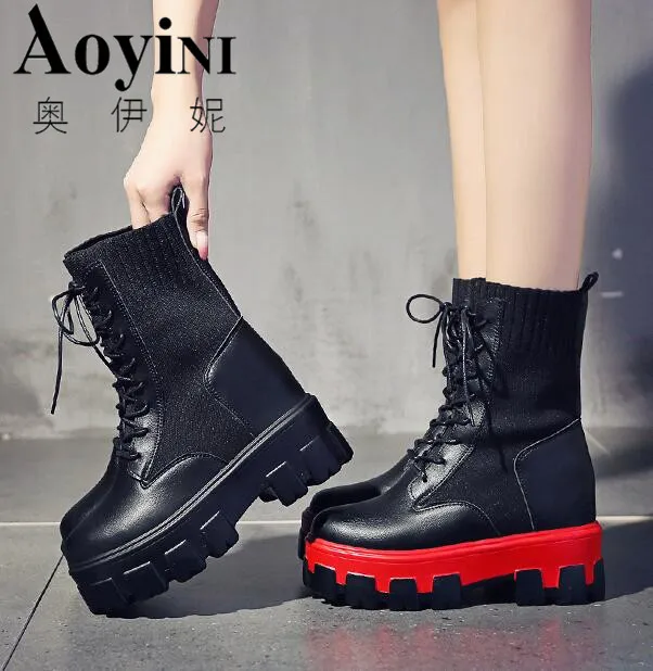 

Rock Punk Gothic Boots Women Shoes Platform Creepers Wedge High Heels new Boots Lace Up Motorcyle Ankle Boots Ladies