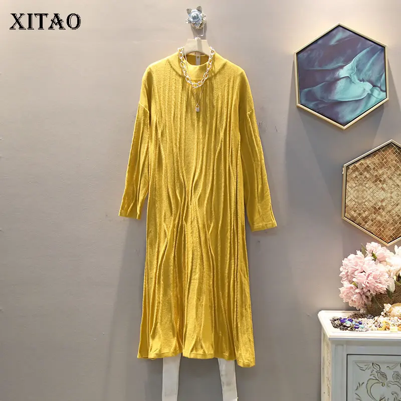 XITAO Large Size Women Dress Korea Fashion New 2019 Autumn Elegant Long Pleated Knitted Small Fresh Casual Loose GCC2603 | Женская