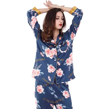 

Blue Floral Women Pajamas Set Long Sleeve Shirt&Pant Satin 2PCS Sleepwear Female Silky Pyjamas Suit Loose Sleep Set Home Wear
