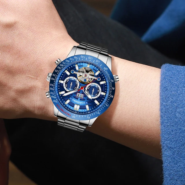 Forsining-reloj mecánico de acero inoxidable para hombre, cronógrafo automático con 2 esferas, Tourbillon, fecha semanal, informal - Imagen 6