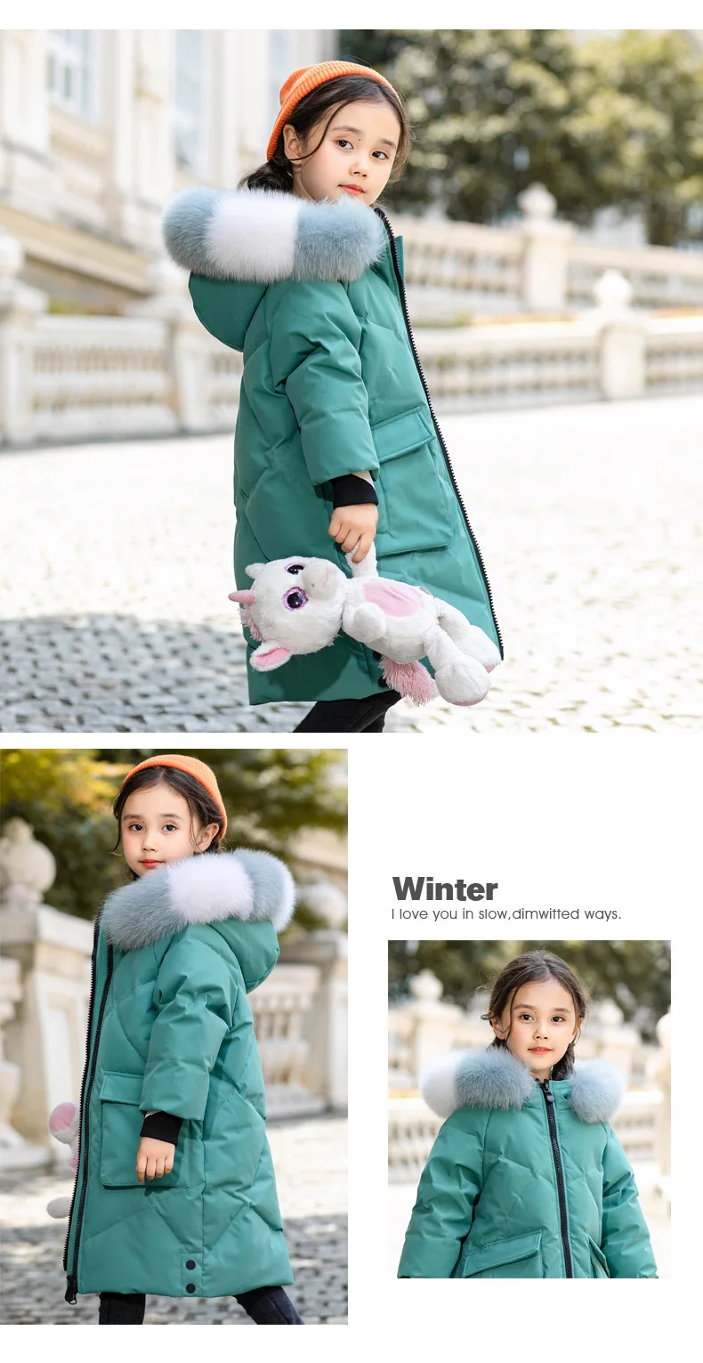 Новинка года; модная зимняя ветрозащитная куртка-пуховик для девочек однотонное теплое длинное пальто с воротником из натурального меха енота для девочек