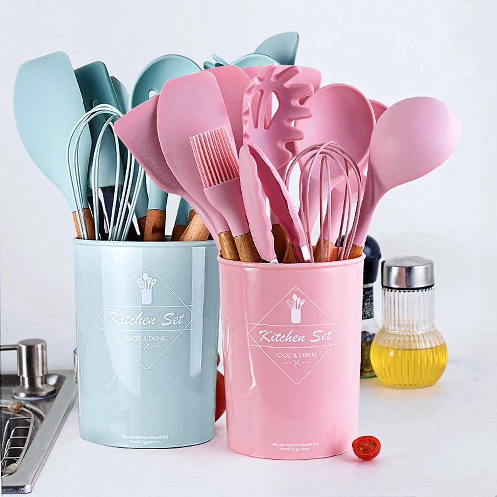 911PCS Silicone Cooking Utensils Set Non-stick Spatula Shovel Wooden Handle Cooking Tools Set With Storage Box Kitchen Tools