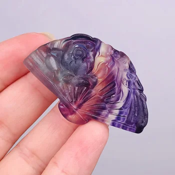

Beautiful Natural Colorful Fluorite Crystal Carved Birds and flowers fan Healing Lucky Amulet Gift
