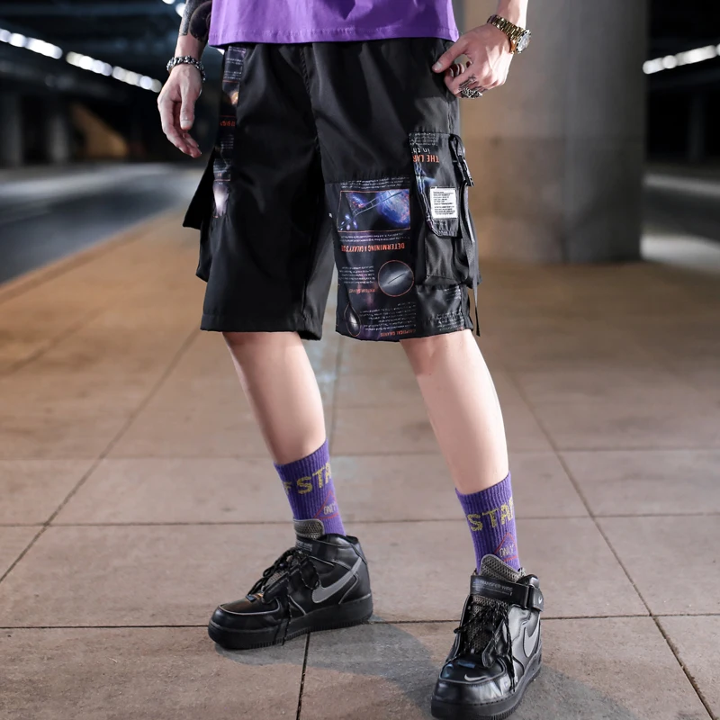 

Patchwork Side Pockets Ribbon Cargo Shorts Mens Casual Hip Hop Summer Streetwear Shorts Male Joggers Short Trousers Men