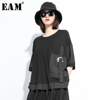 

[EAM] Women Black Pocket Split Big Size T-shirt New Round Neck Three-quarter Sleeve Fashion Tide Spring Summer 2020 1U023