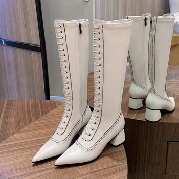 

Genuine leather Women Knee High Boots Chunky Heels Winter Dancing Party Shoes Woman Euro Style Female Long Boots