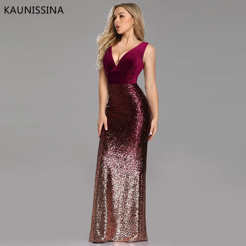Color 1 KAUNISSINA, сексуальное вечернее платье, v-образный вырез, без рукавов, бархат, блестки, пэчворк, Русалка, Бургундия, длинное вечернее платье, элегантные платья для вечеринки - Цвет: Color 1